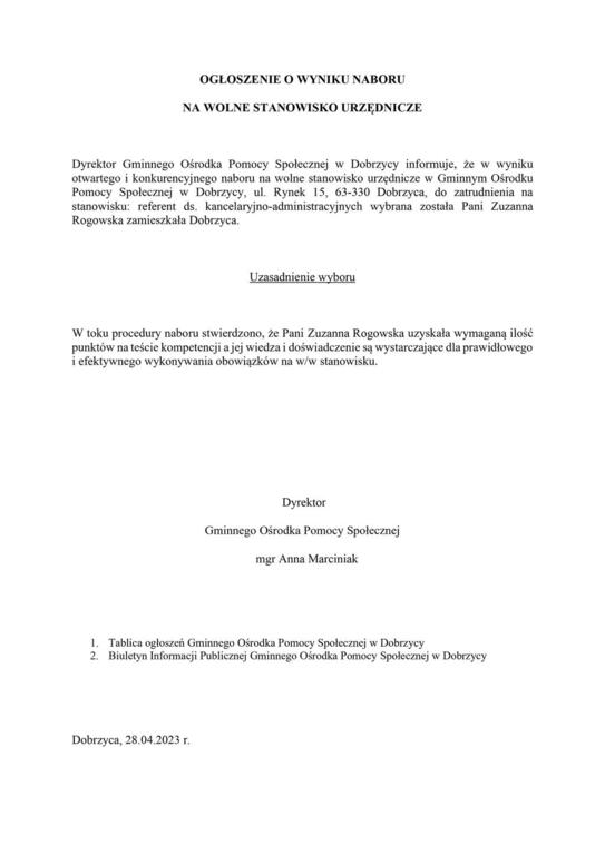 OGŁOSZENIE O WYNIKU NABORU NA WOLNE STANOWISKO URZĘDNICZE: REFERENT DS. KANCELARYJNO-ADMINISTRACYJNYCH